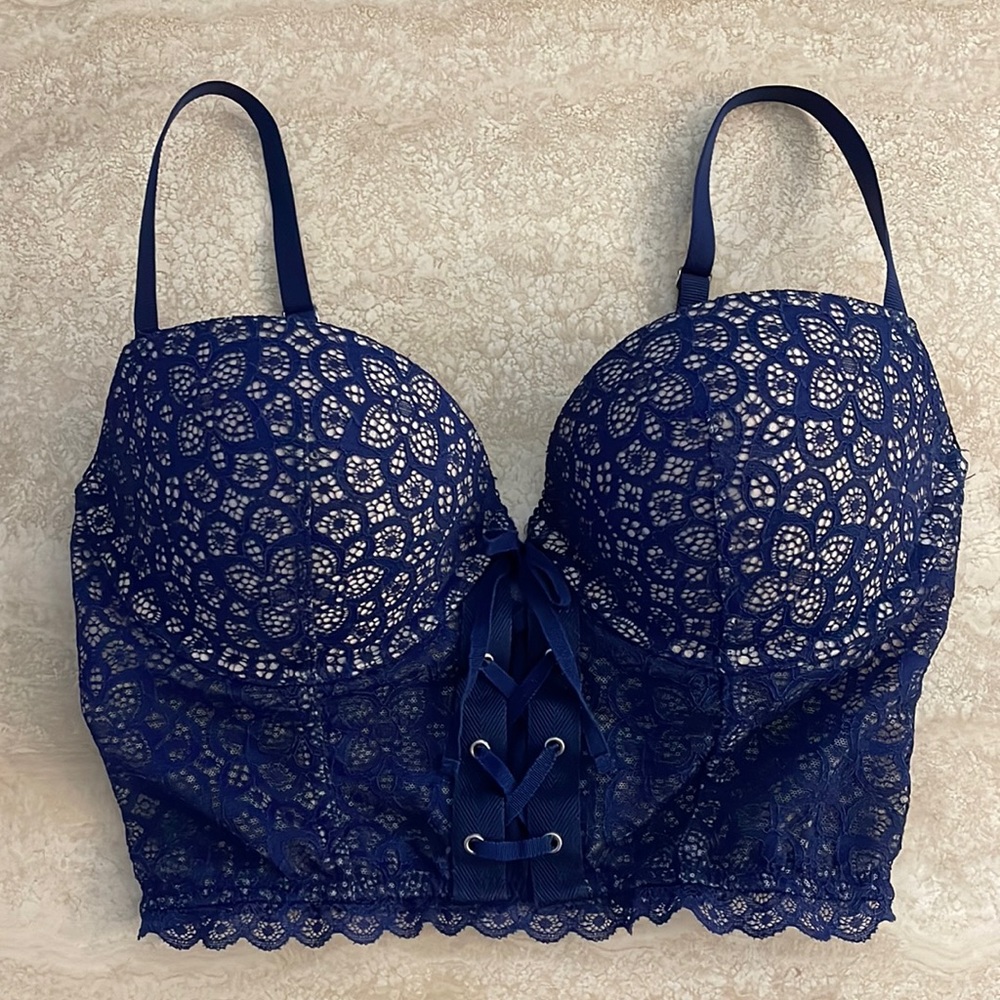 Victoria’s Secret Lace Zip Back Corset Blue Lace Bra 34D